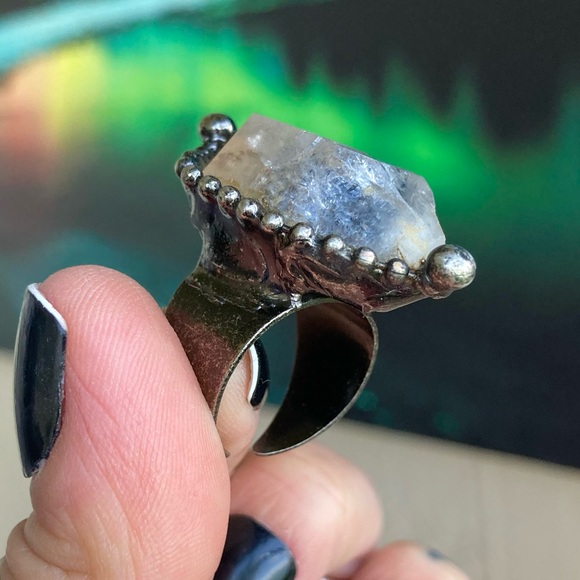 Natural phantom smokey crystal quartz gemstone adjustable ring boho goth - Picture 7 of 15